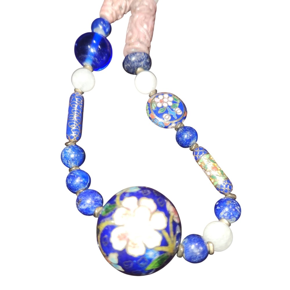 Vintage Chinese Export Lapis Lazuli Pink stone Cloisonne‎ Enamel Bead Necklace